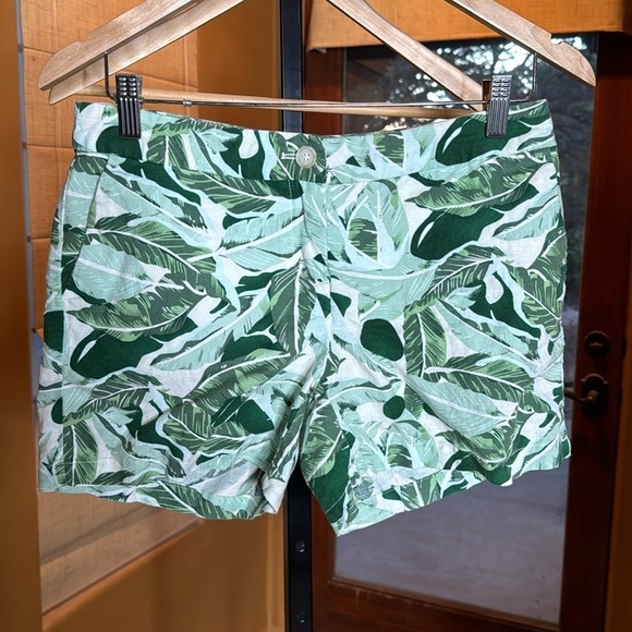 St. Tropez West Tropical Palm Print Linen Shorts Green Cream Size 2 Resort - Picture 2 of 7